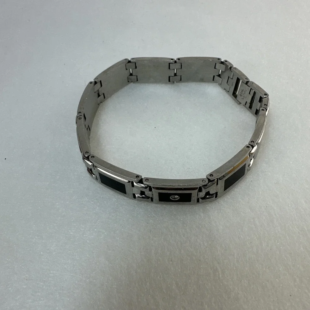 Men's Stainless Steel Link Bracelet Black Inlay Silver Tone 8.5